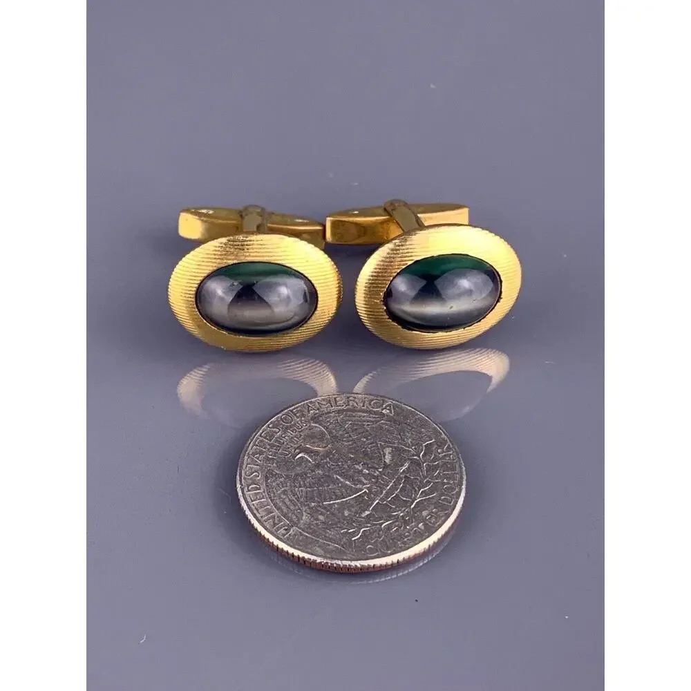 Green Stripes Glass Cufflinks 1/20 12k Gold Filled White Lines Art Deco Vintage